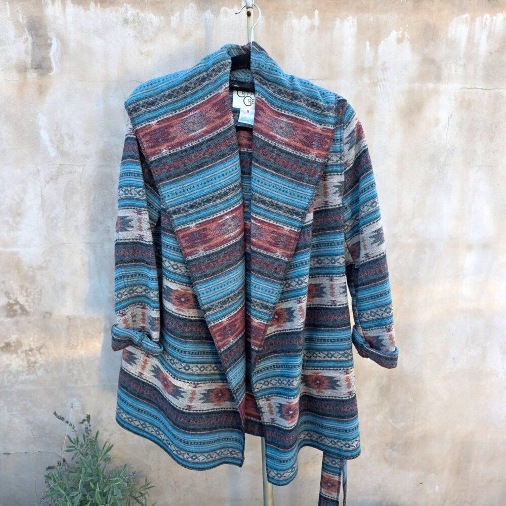 Cripple creek Navajo Tie Front Blanket Wrap Jacket W/ Hood turquoise and red col